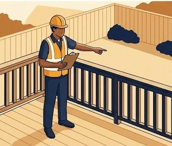 Building inspector reviewing completed residential deck — permits ensure inspections happen at the right time