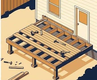 Residential deck frame under construction with ledger board attached to house