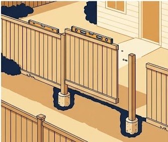 Privacy fence installation in suburban backyard with level tool and fence posts set in concrete