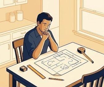 Homeowner reviewing site plan at kitchen table before applying for a building permit