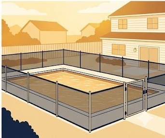 In-ground swimming pool with required safety fence and self-closing gate in suburban yard